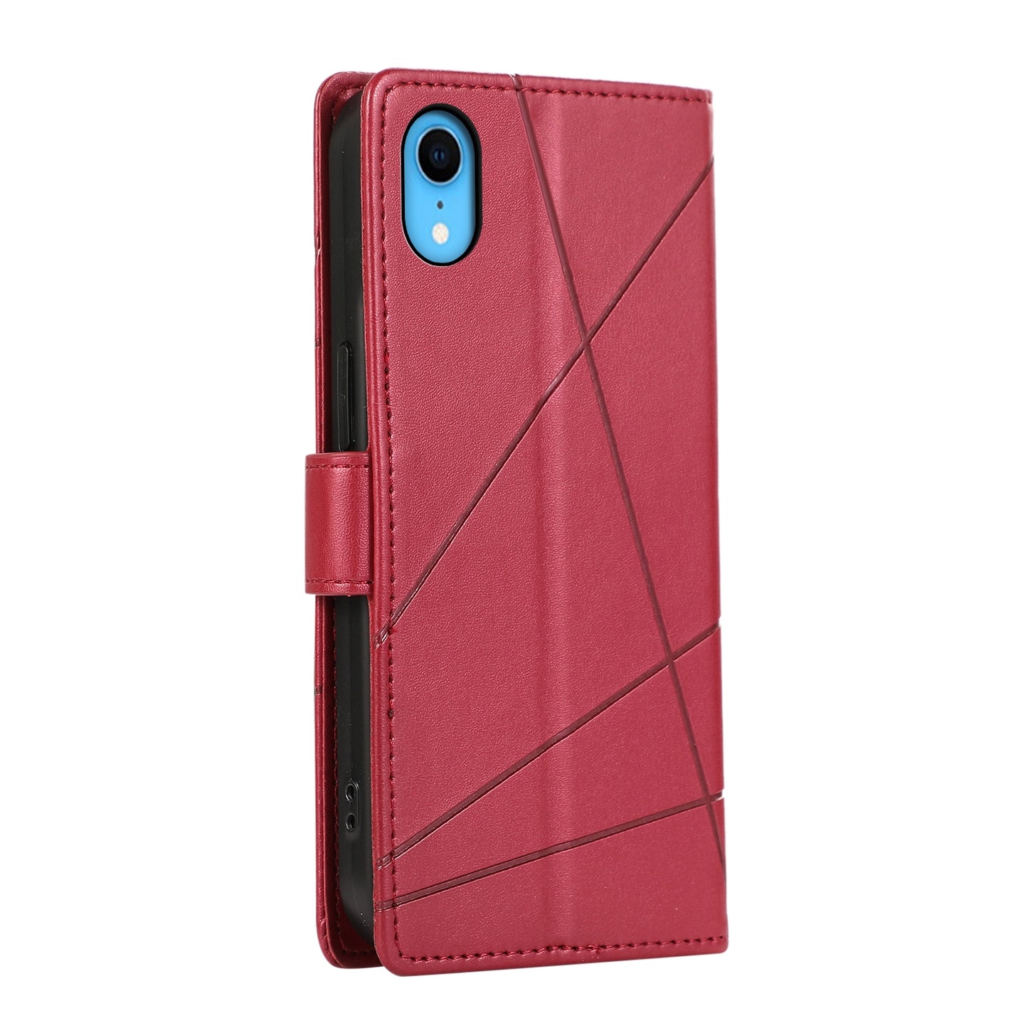 iPhone XR PU Genuine Leather Texture Embossed Line Phone Case with Card Wallet, Kickstand & Wrist Strap