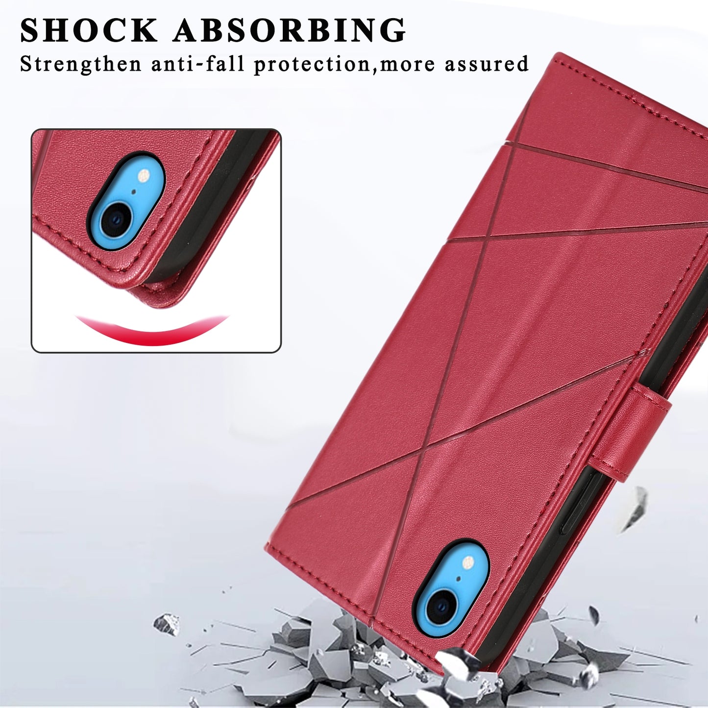 iPhone XR PU Genuine Leather Texture Embossed Line Phone Case with Card Wallet, Kickstand & Wrist Strap