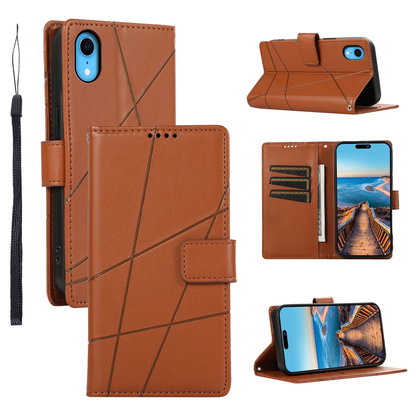 iPhone XR PU Genuine Leather Texture Embossed Line Phone Case with Card Wallet, Kickstand & Wrist Strap