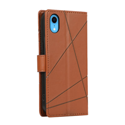 iPhone XR PU Genuine Leather Texture Embossed Line Phone Case with Card Wallet, Kickstand & Wrist Strap