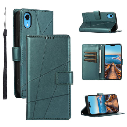 iPhone XR PU Genuine Leather Texture Embossed Line Phone Case with Card Wallet, Kickstand & Wrist Strap