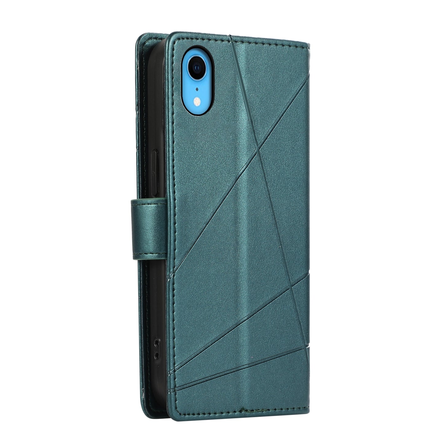 iPhone XR PU Genuine Leather Texture Embossed Line Phone Case with Card Wallet, Kickstand & Wrist Strap