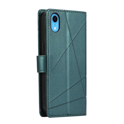 iPhone XR PU Genuine Leather Texture Embossed Line Phone Case with Card Wallet, Kickstand & Wrist Strap