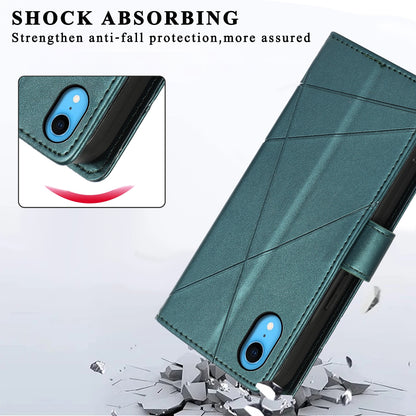 iPhone XR PU Genuine Leather Texture Embossed Line Phone Case with Card Wallet, Kickstand & Wrist Strap
