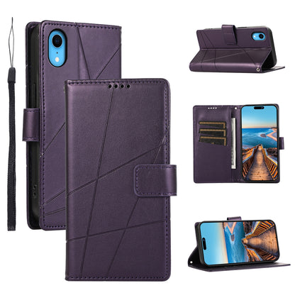 iPhone XR PU Genuine Leather Texture Embossed Line Phone Case with Card Wallet, Kickstand & Wrist Strap