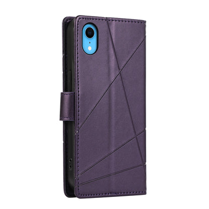 iPhone XR PU Genuine Leather Texture Embossed Line Phone Case with Card Wallet, Kickstand & Wrist Strap