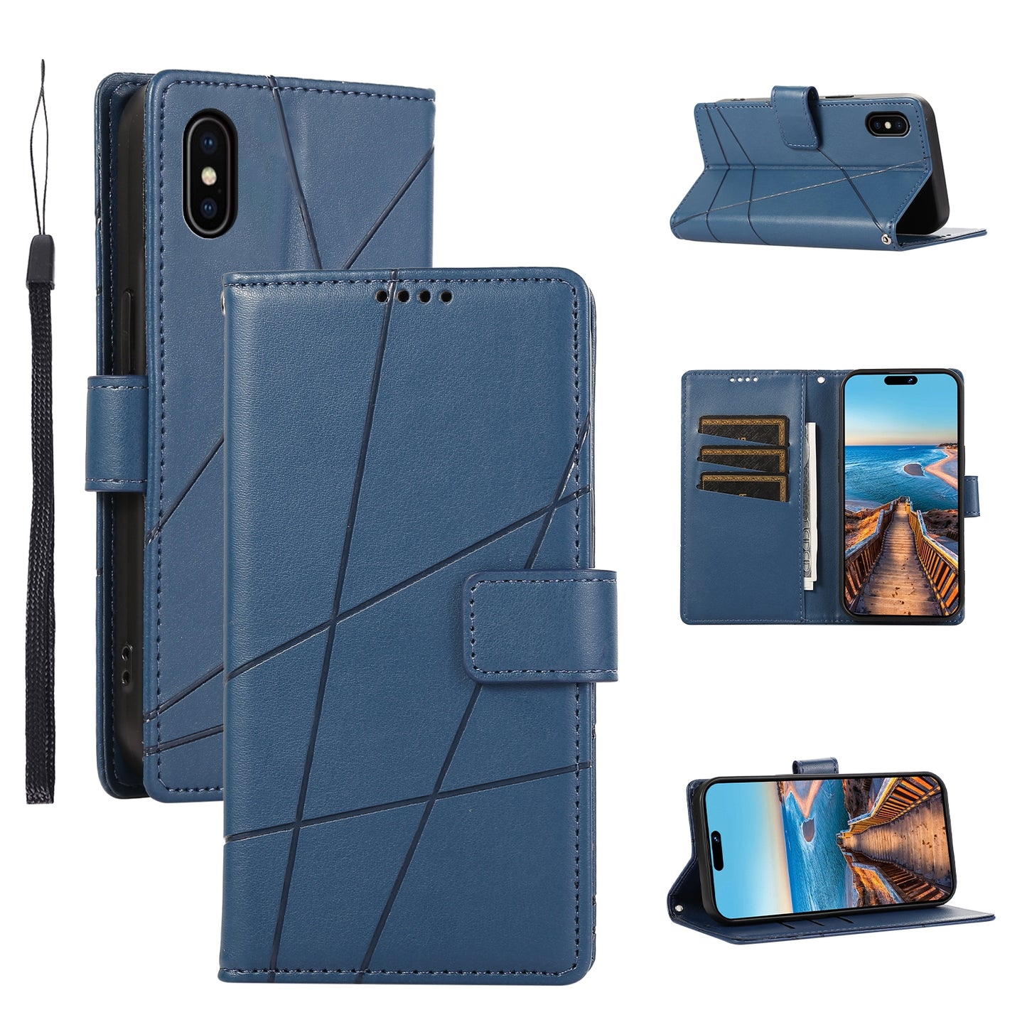 iPhone XS Max PU Genuine Leather Texture Embossed Line Phone Case with Card Wallet, Kickstand & Wrist Strap