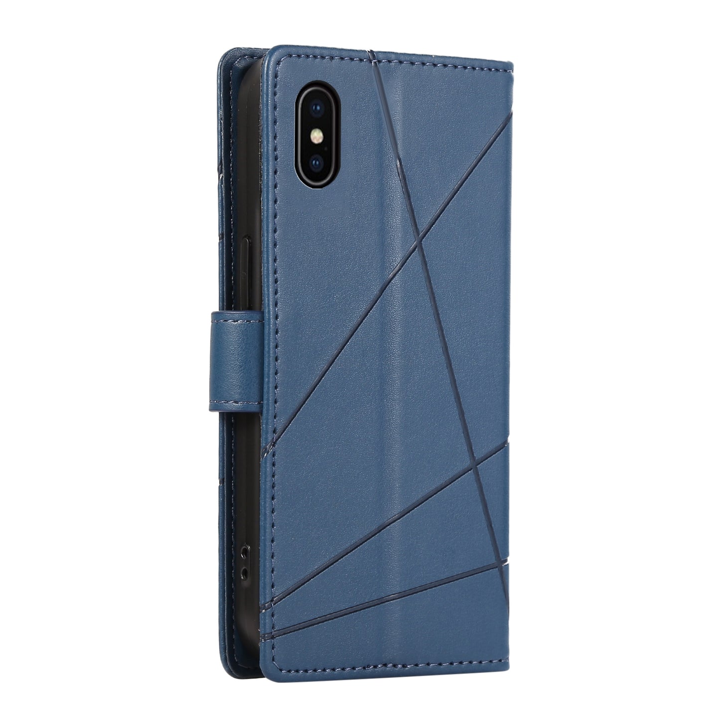 iPhone XS Max PU Genuine Leather Texture Embossed Line Phone Case with Card Wallet, Kickstand & Wrist Strap