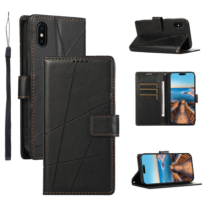 iPhone XS Max PU Genuine Leather Texture Embossed Line Phone Case with Card Wallet, Kickstand & Wrist Strap