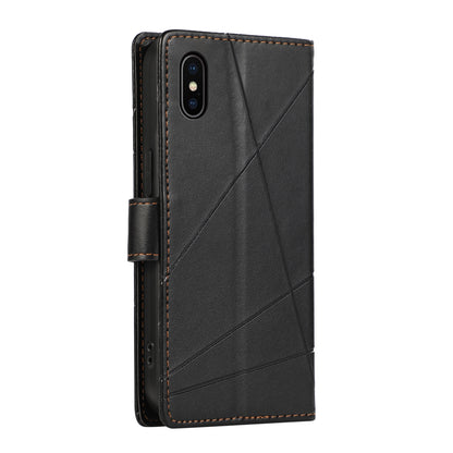 iPhone XS Max PU Genuine Leather Texture Embossed Line Phone Case with Card Wallet, Kickstand & Wrist Strap