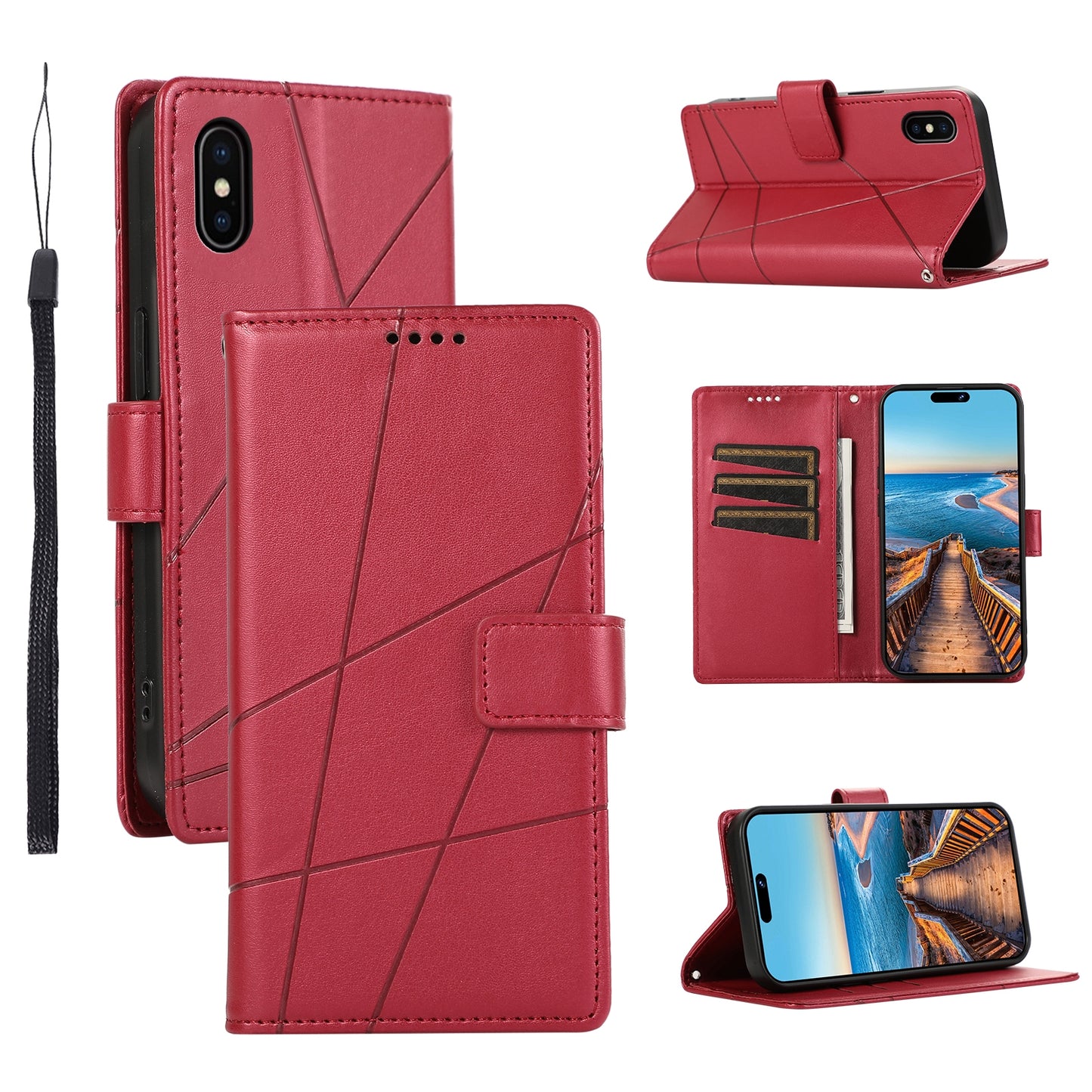 iPhone XS Max PU Genuine Leather Texture Embossed Line Phone Case with Card Wallet, Kickstand & Wrist Strap