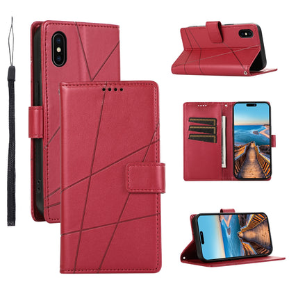 iPhone XS Max PU Genuine Leather Texture Embossed Line Phone Case with Card Wallet, Kickstand & Wrist Strap
