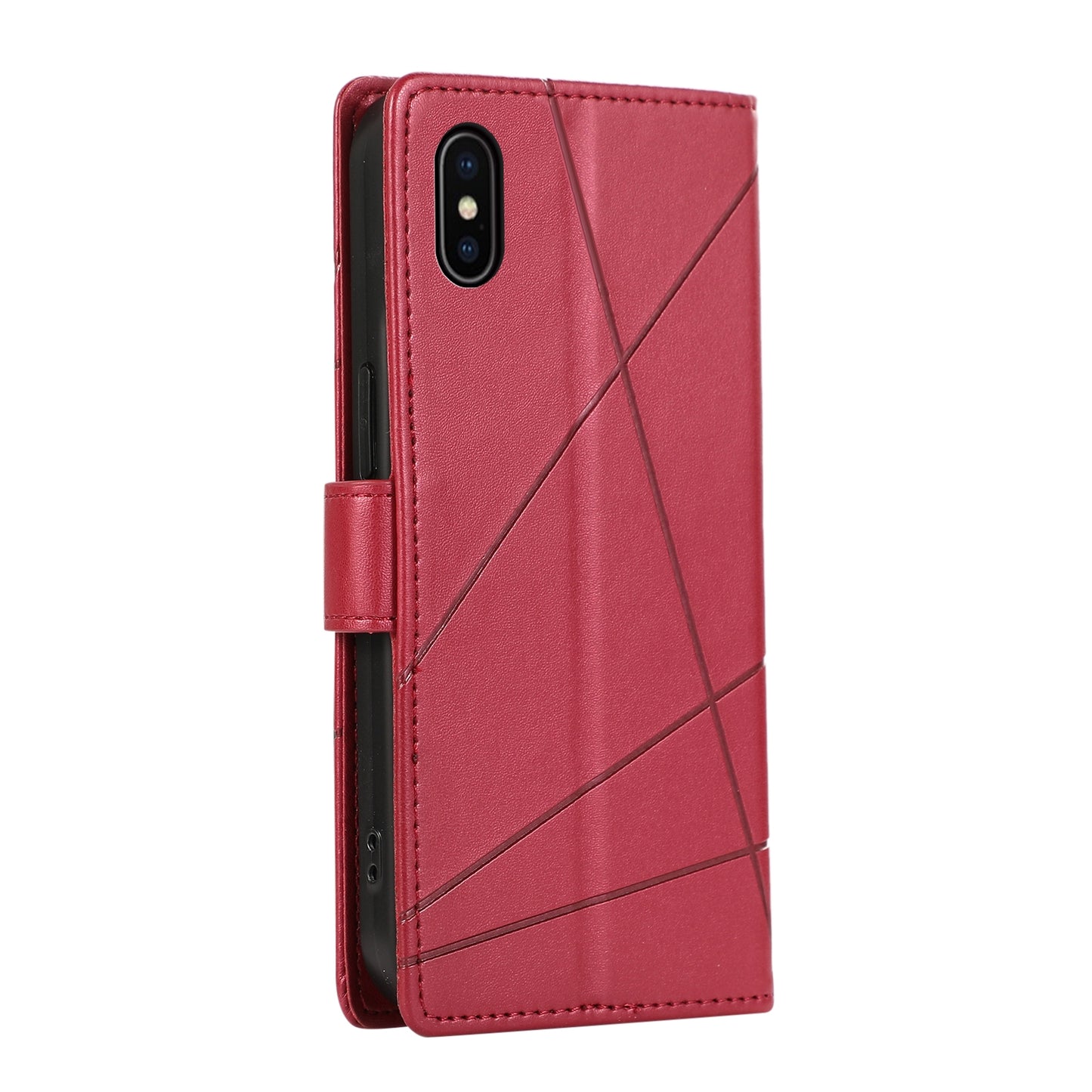 iPhone XS Max PU Genuine Leather Texture Embossed Line Phone Case with Card Wallet, Kickstand & Wrist Strap