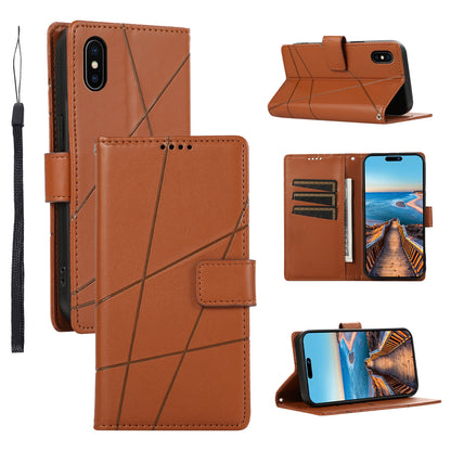 iPhone XS Max PU Genuine Leather Texture Embossed Line Phone Case with Card Wallet, Kickstand & Wrist Strap