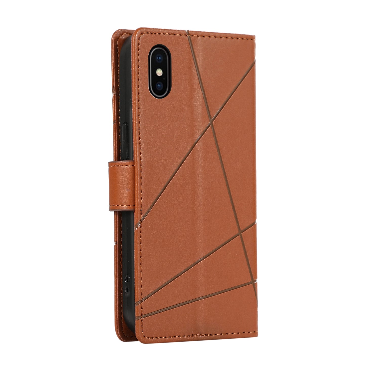 iPhone XS Max PU Genuine Leather Texture Embossed Line Phone Case with Card Wallet, Kickstand & Wrist Strap