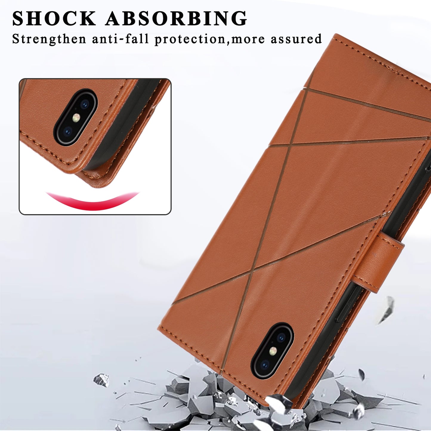 iPhone XS Max PU Genuine Leather Texture Embossed Line Phone Case with Card Wallet, Kickstand & Wrist Strap