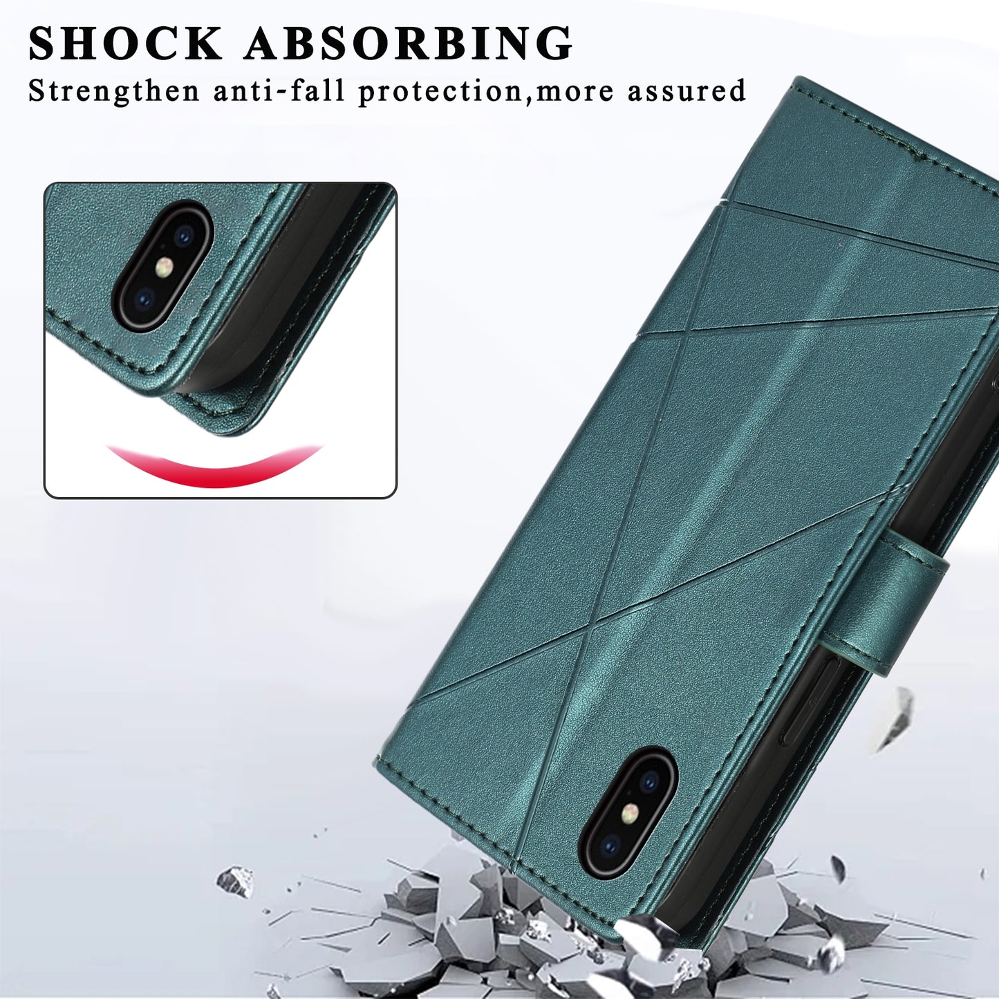 iPhone XS Max PU Genuine Leather Texture Embossed Line Phone Case with Card Wallet, Kickstand & Wrist Strap