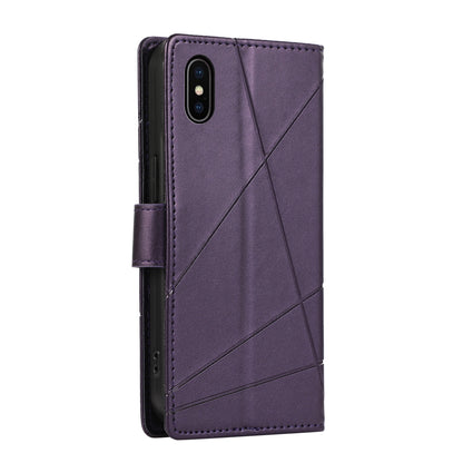 iPhone XS Max PU Genuine Leather Texture Embossed Line Phone Case with Card Wallet, Kickstand & Wrist Strap