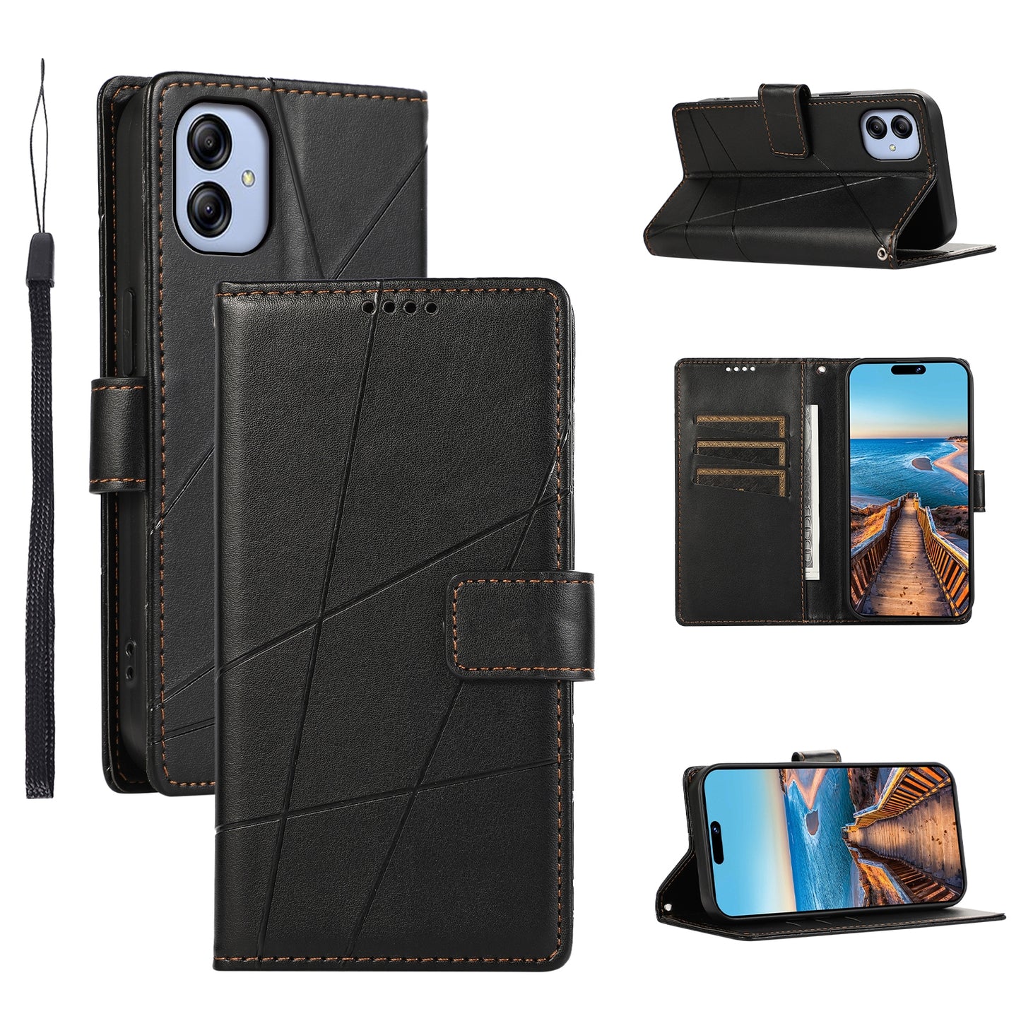 Samsung Galaxy A04e Genuine Leather Texture Embossed Line Phone Case with Card Wallet & Kickstand