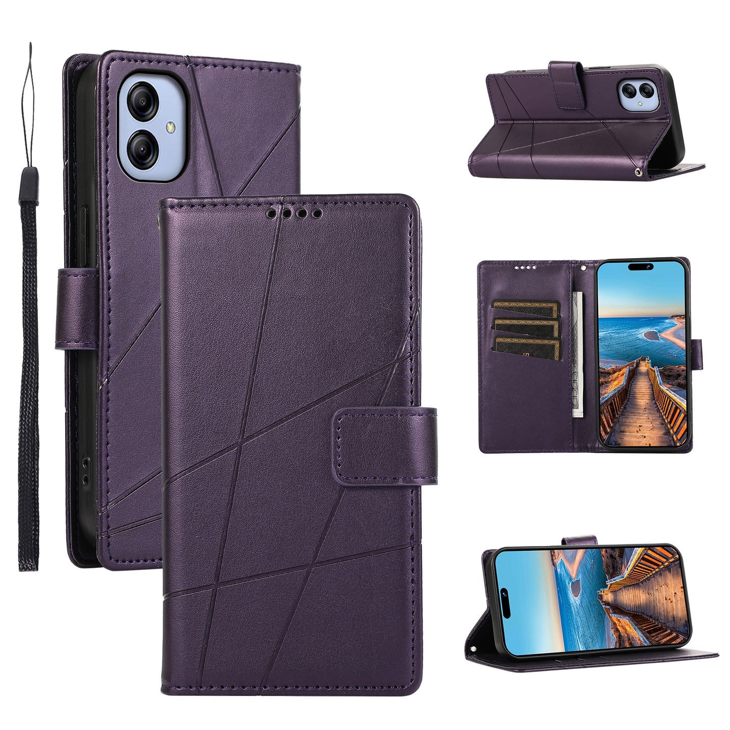 Samsung Galaxy A04e Genuine Leather Texture Embossed Line Phone Case with Card Wallet & Kickstand