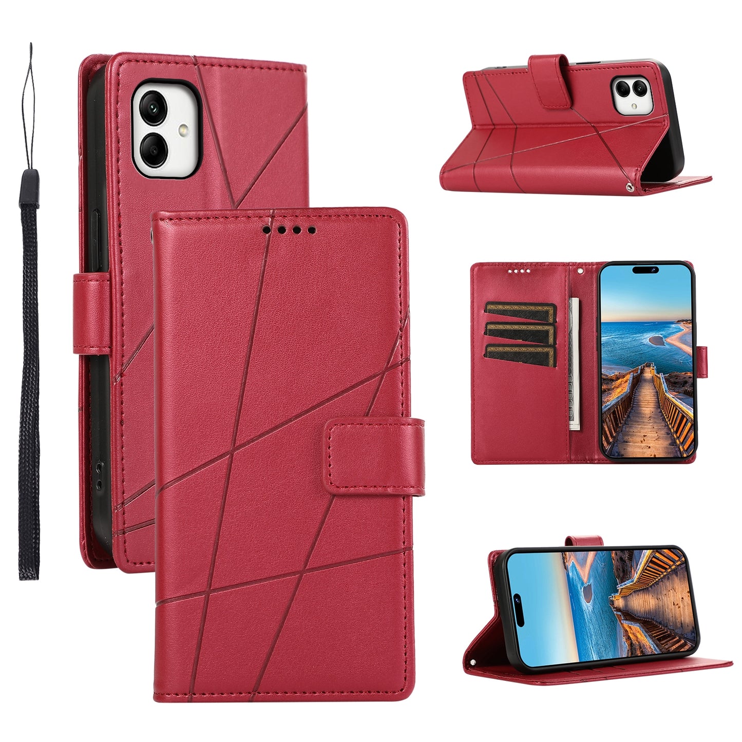 Samsung Galaxy A05 Genuine Leather Texture Embossed Line Phone Case with Card Wallet & Kickstand