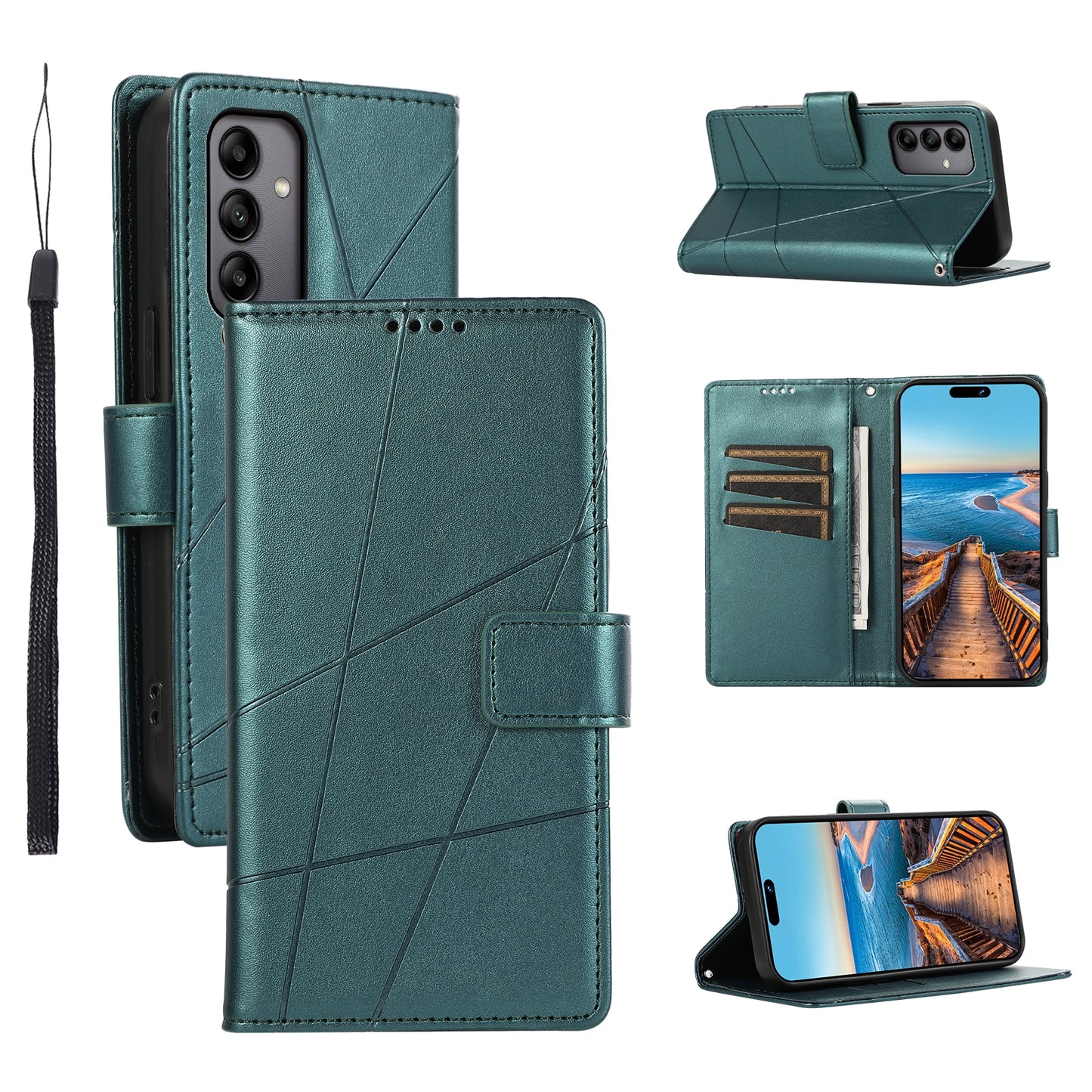 Samsung Galaxy A05s Genuine Leather Texture Embossed Line Phone Case with Card Wallet & Kickstand