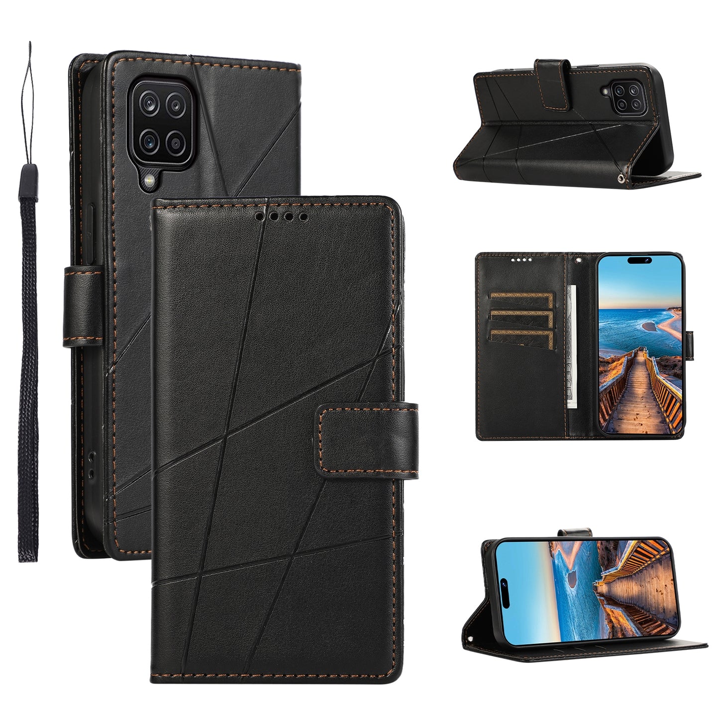 Samsung Galaxy A12 Genuine Leather Texture Embossed Line Phone Case with Card Wallet & Kickstand