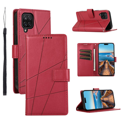 Samsung Galaxy A12 Genuine Leather Texture Embossed Line Phone Case with Card Wallet & Kickstand