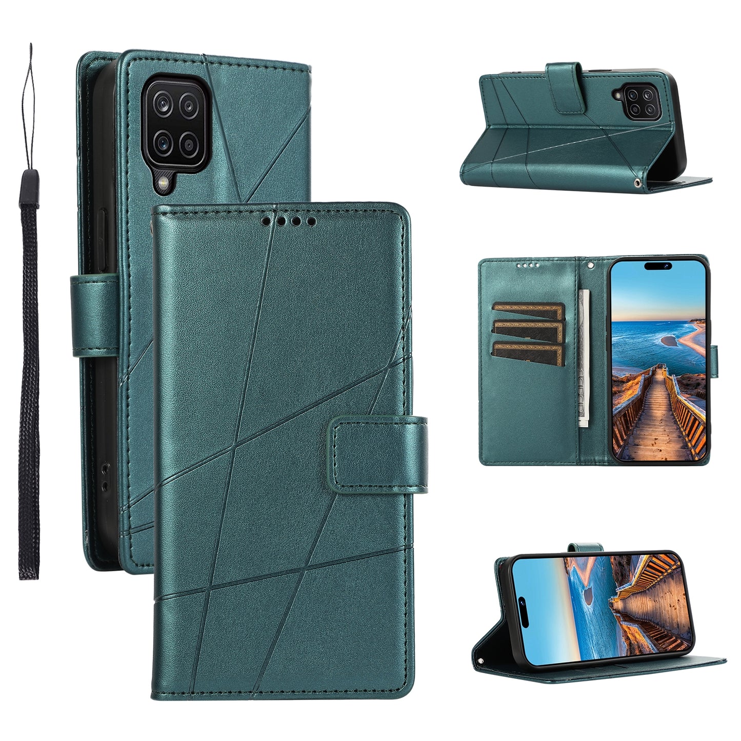 Samsung Galaxy A12 Genuine Leather Texture Embossed Line Phone Case with Card Wallet & Kickstand