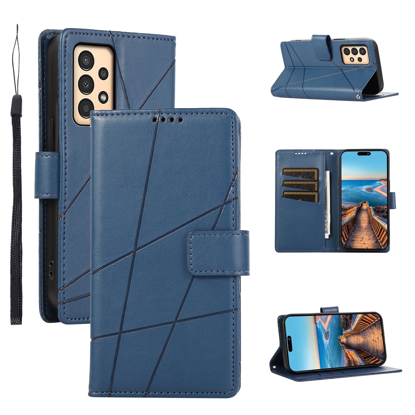 Samsung Galaxy A13 Genuine Leather Texture Embossed Line Phone Case with Card Wallet & Kickstand