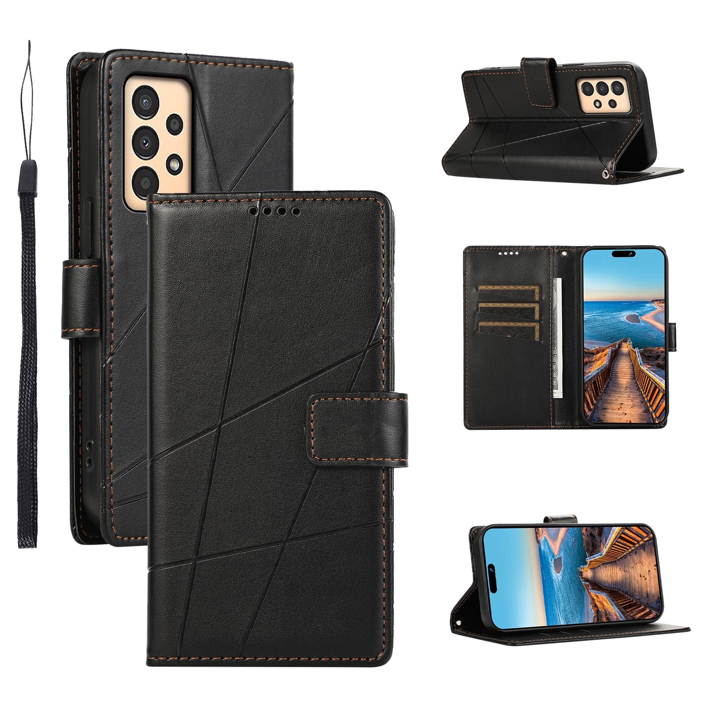 Samsung Galaxy A13 Genuine Leather Texture Embossed Line Phone Case with Card Wallet & Kickstand