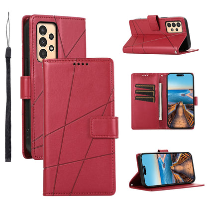 Samsung Galaxy A13 Genuine Leather Texture Embossed Line Phone Case with Card Wallet & Kickstand