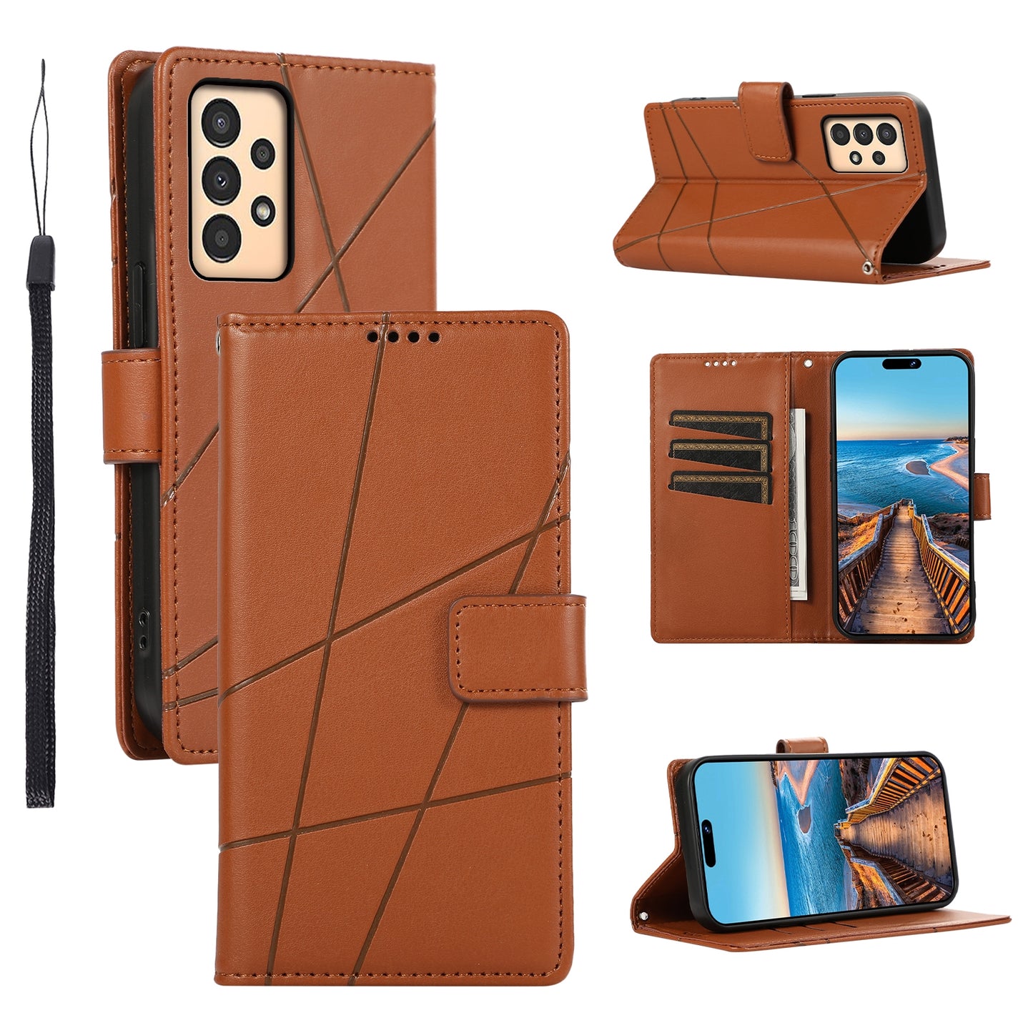 Samsung Galaxy A13 Genuine Leather Texture Embossed Line Phone Case with Card Wallet & Kickstand