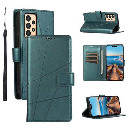 Samsung Galaxy A13 Genuine Leather Texture Embossed Line Phone Case with Card Wallet & Kickstand