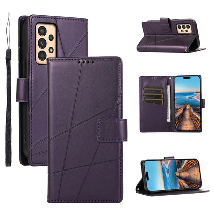 Samsung Galaxy A13 Genuine Leather Texture Embossed Line Phone Case with Card Wallet & Kickstand