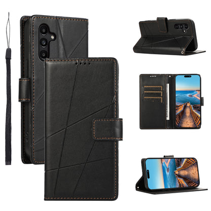 Samsung Galaxy A14 Genuine Leather Texture Embossed Line Phone Case with Card Wallet & Kickstand