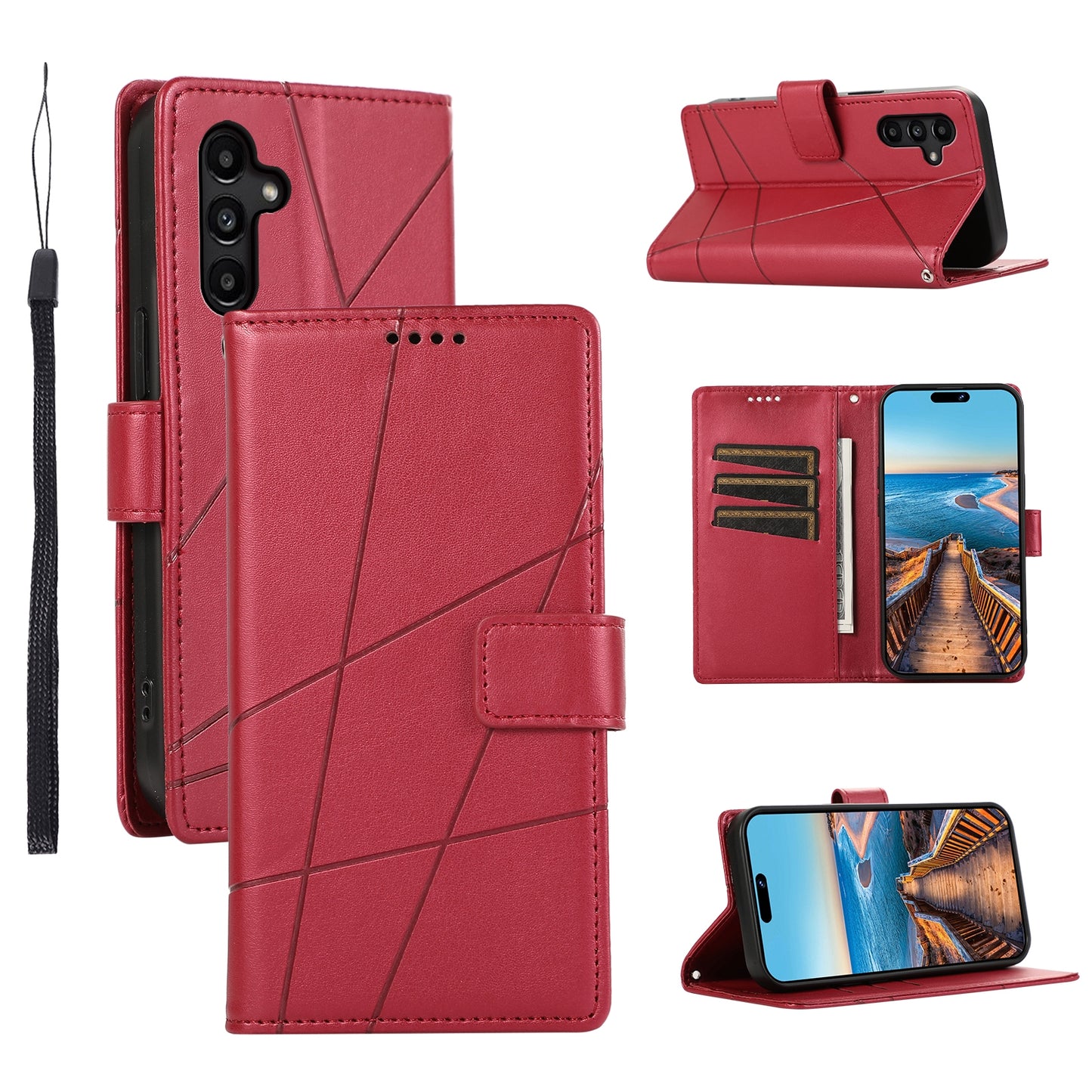 Samsung Galaxy A14 Genuine Leather Texture Embossed Line Phone Case with Card Wallet & Kickstand