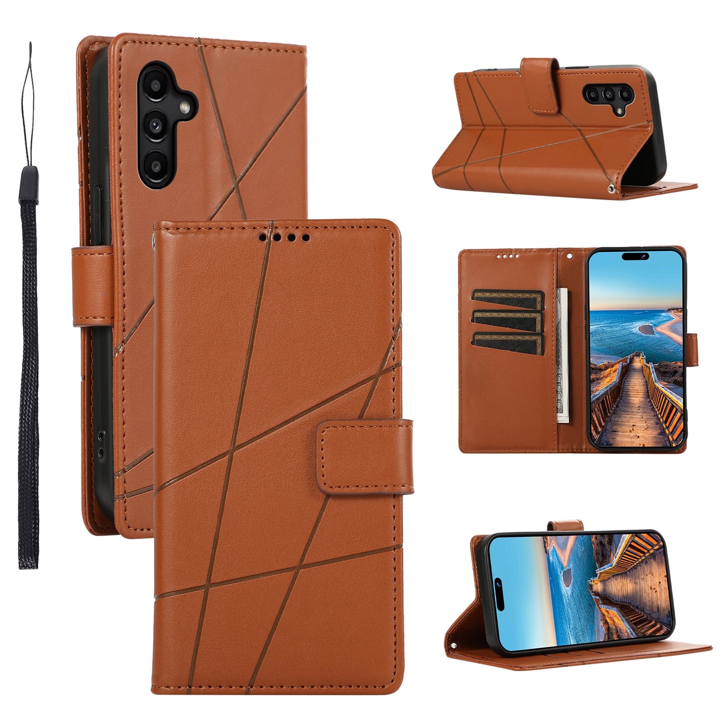 Samsung Galaxy A15 Genuine Leather Texture Embossed Line Phone Case with Card Wallet & Kickstand