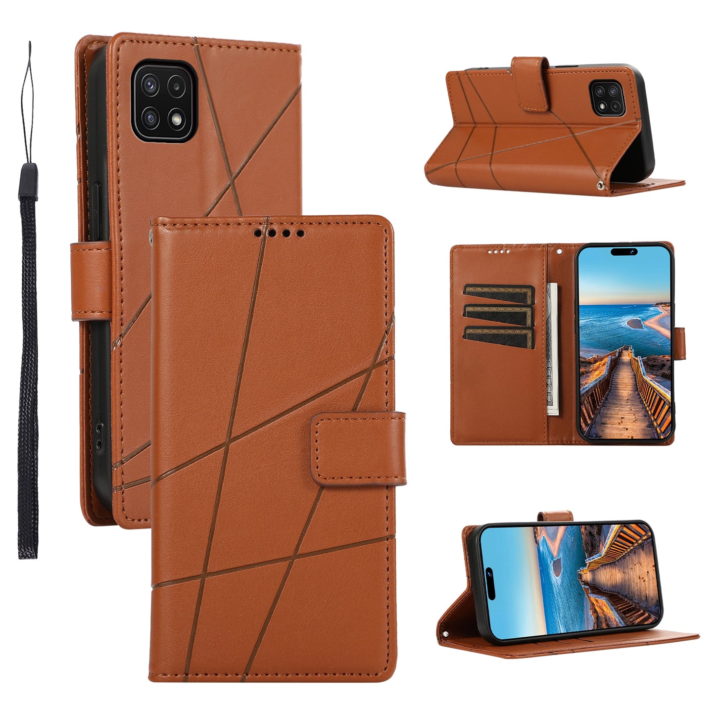 Samsung Galaxy A22 5G Genuine Leather Texture Embossed Line Phone Case with Card Wallet & Kickstand