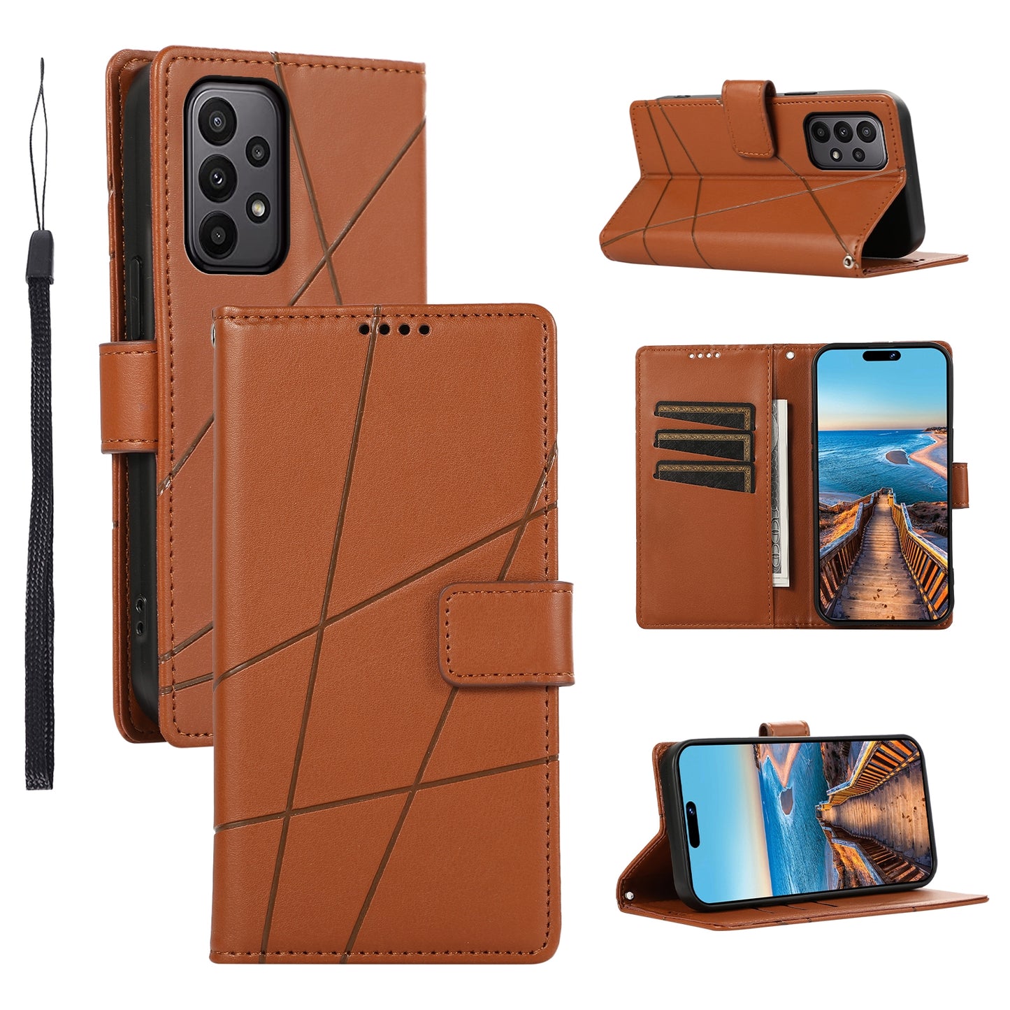 Samsung Galaxy A23 Genuine Leather Texture Embossed Line Phone Case with Card Wallet & Kickstand