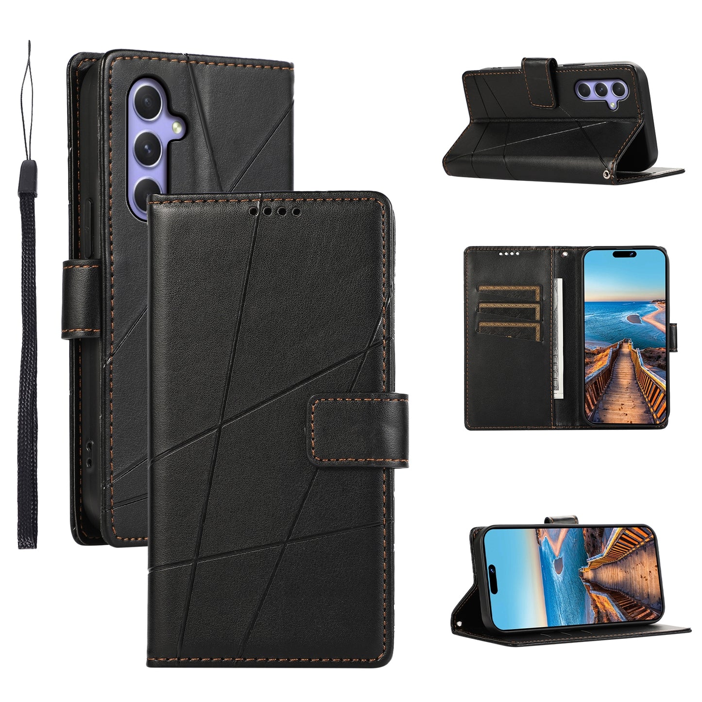 Samsung Galaxy A54 5G Genuine Leather Texture Embossed Line Phone Case with Card Wallet & Kickstand