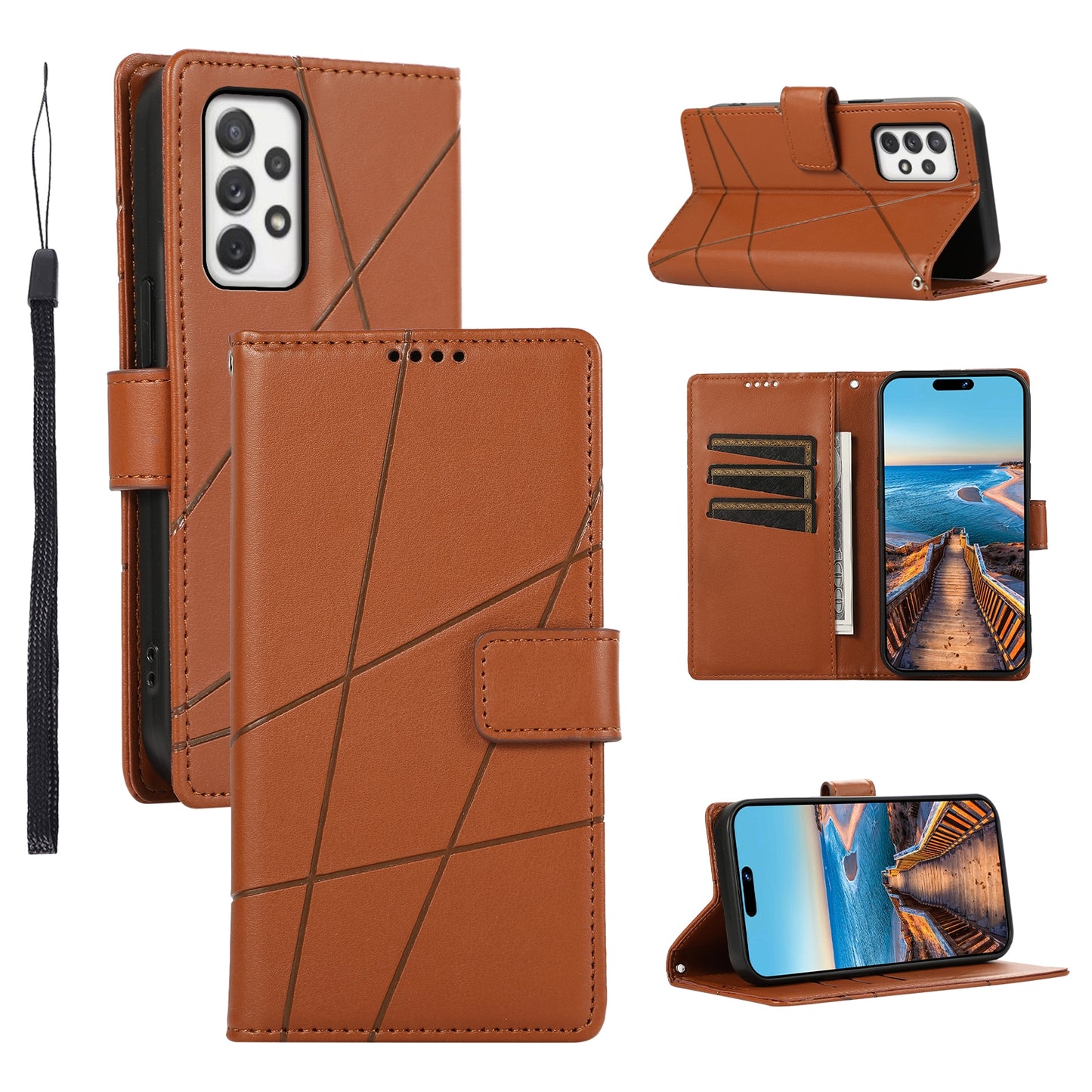 Samsung Galaxy A72 5G Genuine Leather Texture Embossed Line Phone Case with Card Wallet & Kickstand