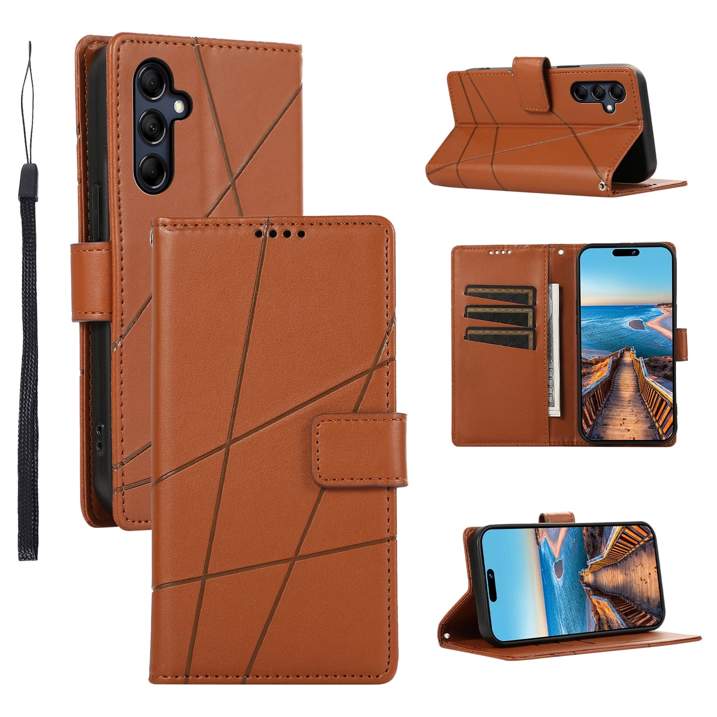 Samsung Galaxy M14 Genuine Leather Texture Embossed Line Phone Case with Card Wallet & Kickstand