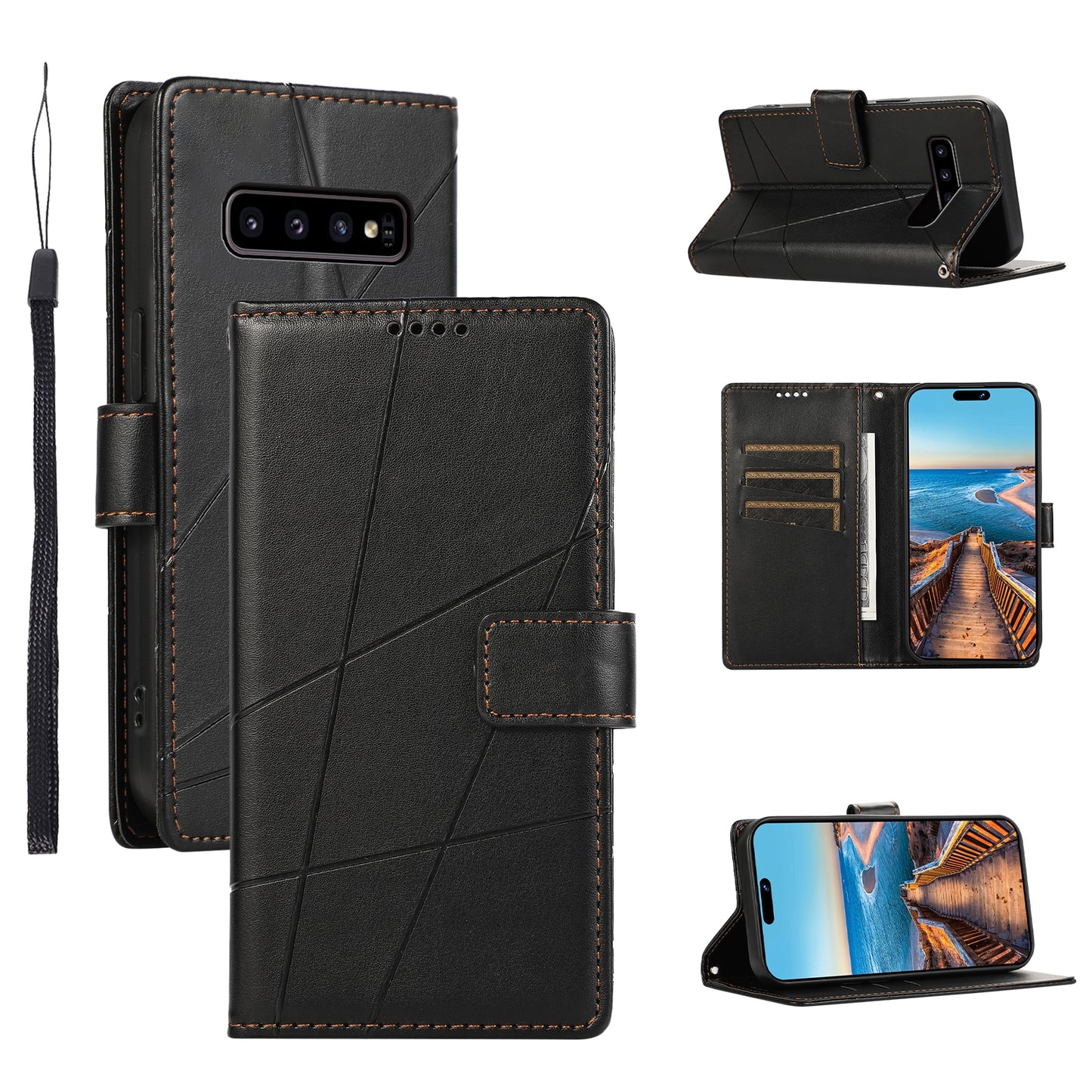 Samsung Galaxy S10 Genuine Leather Texture Embossed Line Phone Case with Card Wallet & Kickstand