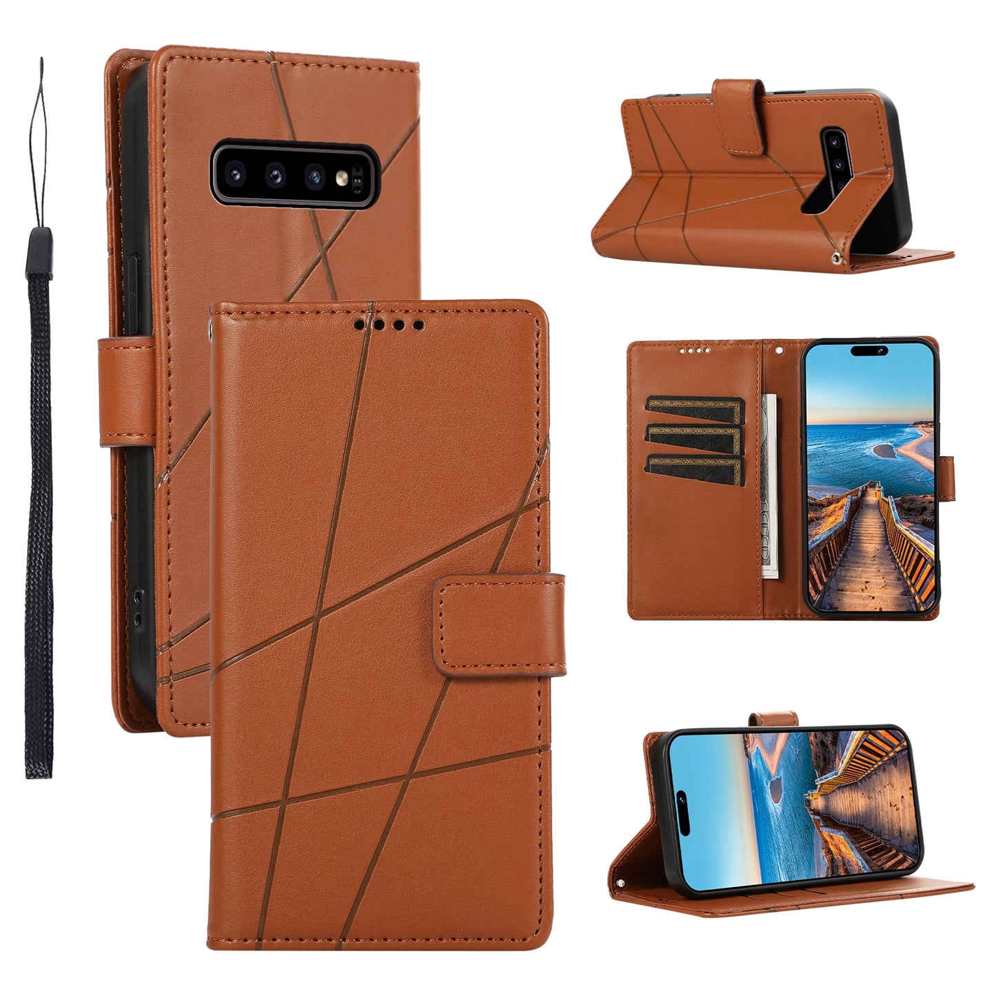 Samsung Galaxy S10 Genuine Leather Texture Embossed Line Phone Case with Card Wallet & Kickstand