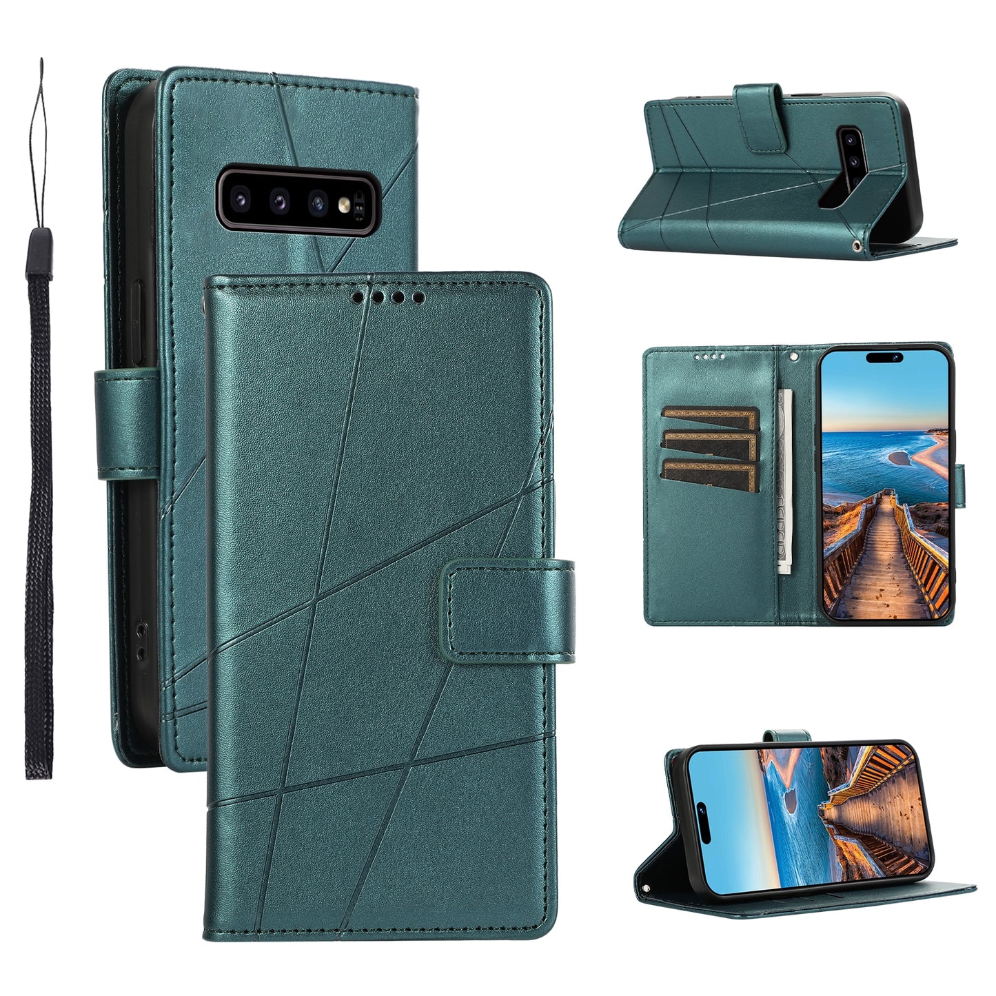 Samsung Galaxy S10 Genuine Leather Texture Embossed Line Phone Case with Card Wallet & Kickstand