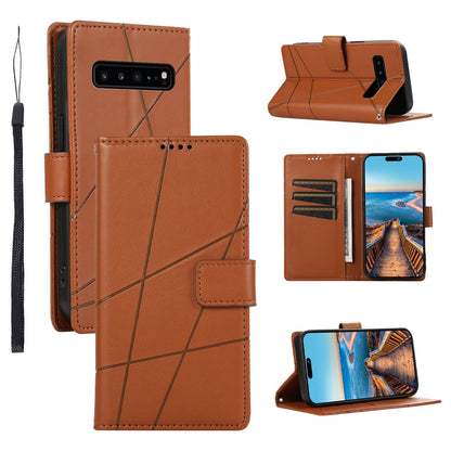 Samsung Galaxy S10 5G Genuine Leather Texture Embossed Line Phone Case with Card Wallet & Kickstand