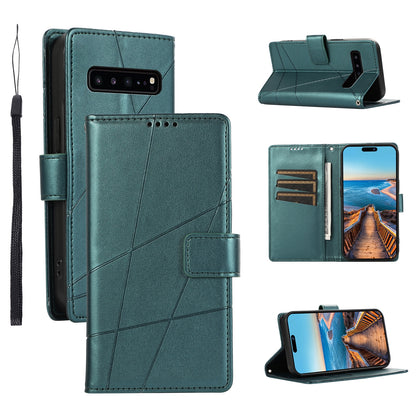 Samsung Galaxy S10 5G Genuine Leather Texture Embossed Line Phone Case with Card Wallet & Kickstand