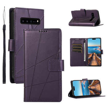 Samsung Galaxy S10 5G Genuine Leather Texture Embossed Line Phone Case with Card Wallet & Kickstand