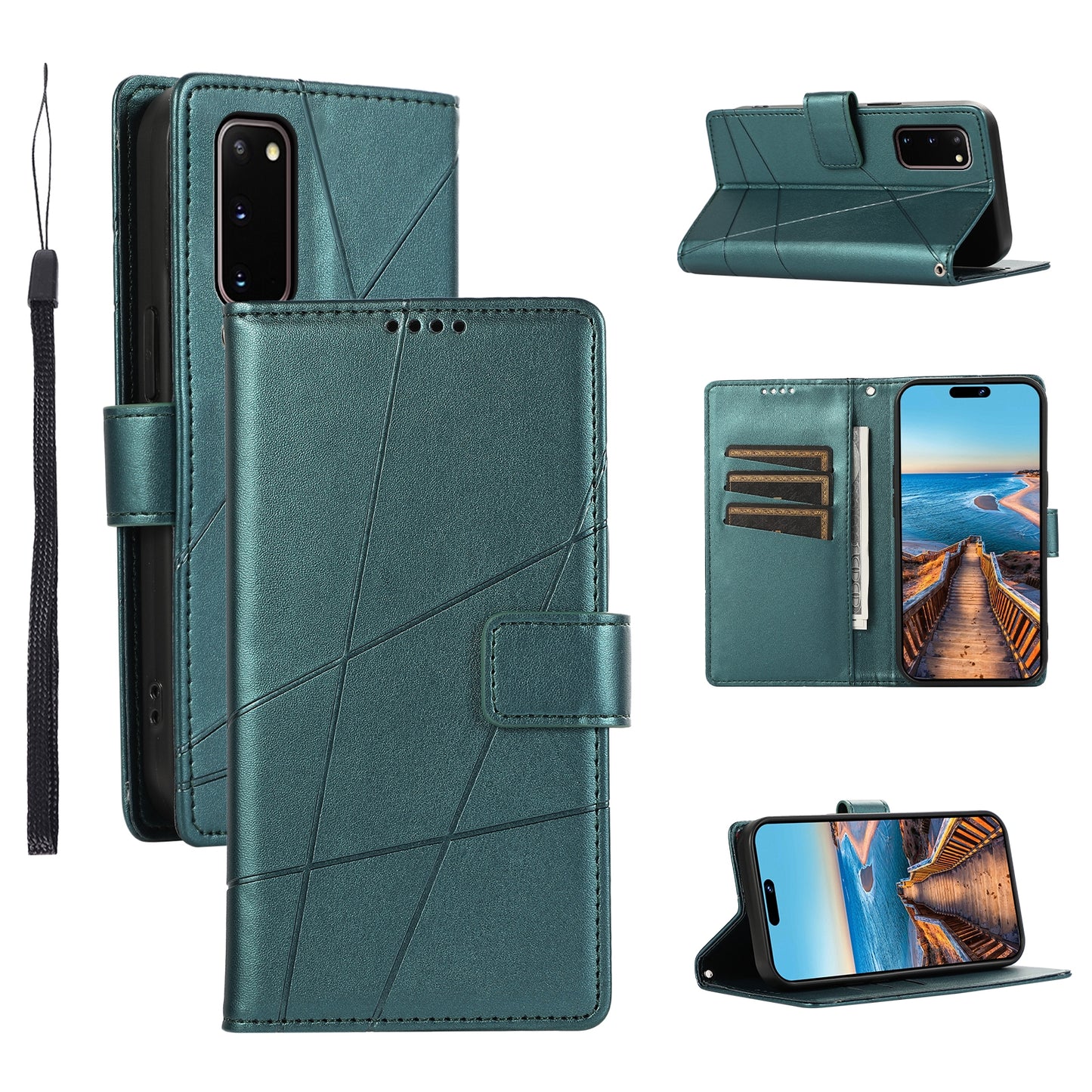 Samsung Galaxy S20 Genuine Leather Texture Embossed Line Phone Case with Card Wallet & Kickstand